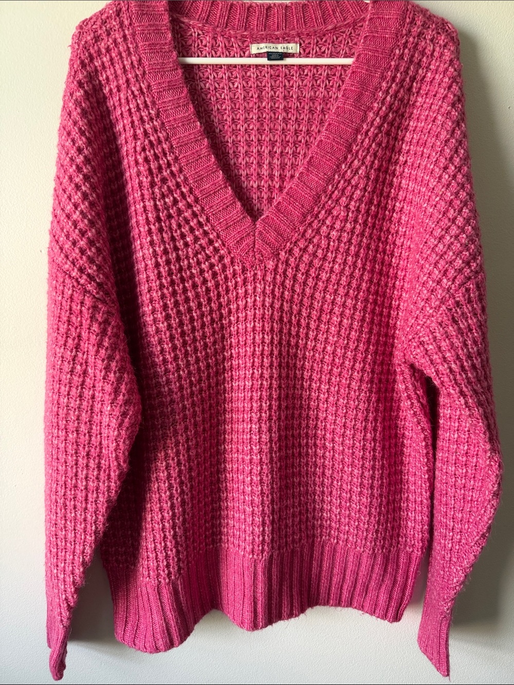 American Eagle Outfitters Hot Pink V-Neck Waffle Knit Sweater